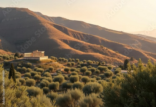 Sun-drenched Athenian hillsides, olive groves, ancient ruins partially visible, rock, vegetation