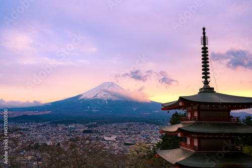 View of the Chureito Pagoda and Mount Fuji landscapes at sunset. Beautiful landscapes, Mount Fujisan view in Arakurayama Sengen Park in Japan. photo