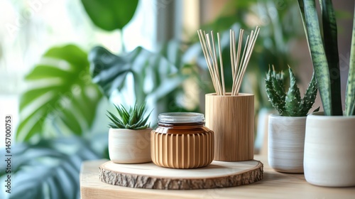 Eco-conscious air freshener made from natural ingredients placed next to plants and wooden decor promoting sustainability and fresh air in home