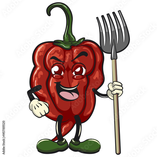 character mascot of a carolina reaper chili cartoon vector isolated clip art illustration carrying fork shovel, work of hand drawn