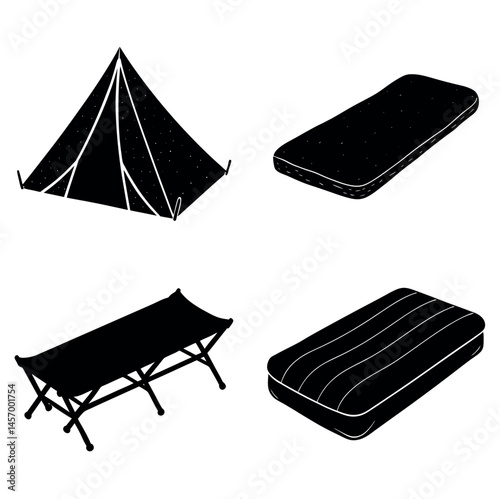 Camping icons set presents a collection of isolated design objects for outdoor and adventure themes