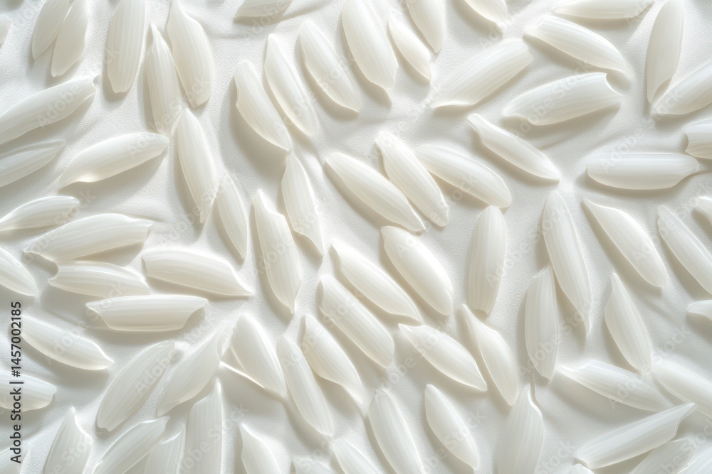 Close-up of white rice grains. Scattered, elongated grains form a textured pattern, light and bright Close-up of white rice grains. Scattered, elongated grains form a textured pattern, light and bright