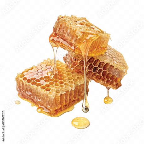 realistic glossy honeycomb dripping liquid honey isolated on transparent background