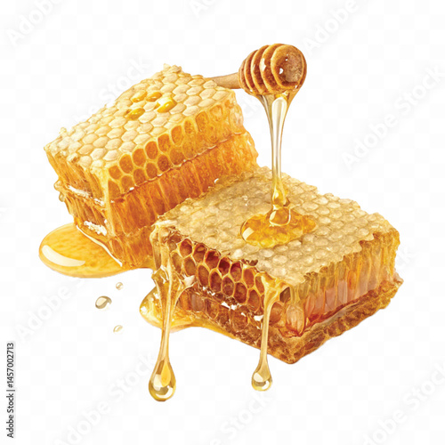 realistic glossy honeycomb dripping liquid honey isolated on transparent background