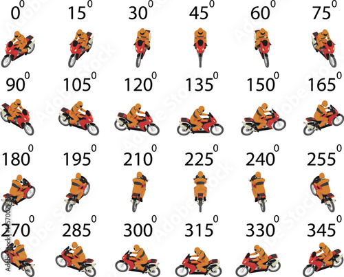 A set of 24 isometric racing motorcycles  from different angles. Rotation of the motorbike with rider by 15 degrees for animation.  