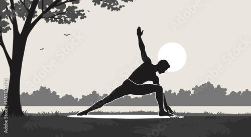 Silhouette of a man practicing yoga against a serene landscape  