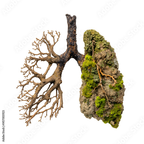 Tree and moss shaped like human lungs on transparent background