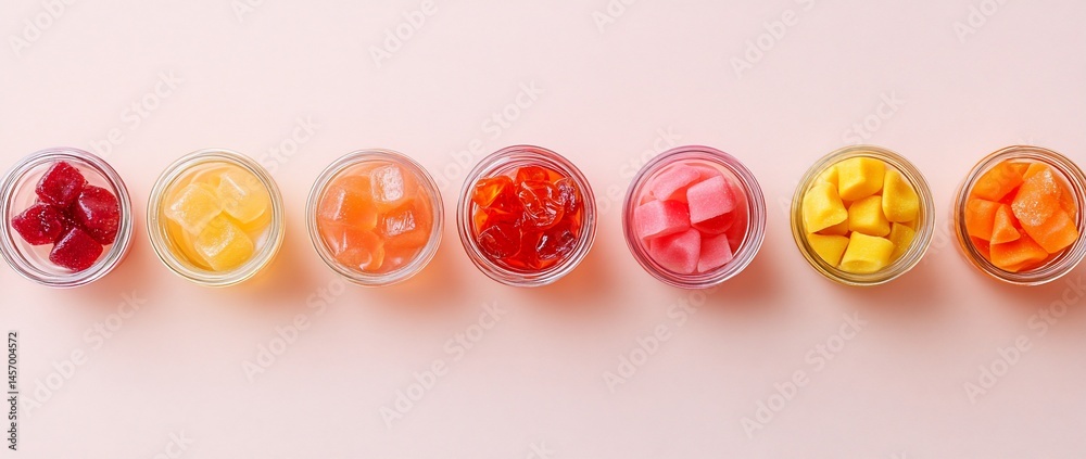 Colorful fruit cubes in small glass jars on pink background. Colorful fruit cubes in small glass jars on pink background.