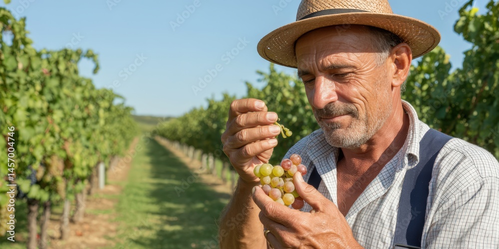 Fototapeta premium Italian Vineyard Farmer Inspecting Ripe Grapes on a Lush Summer Day in the Heart of His Land