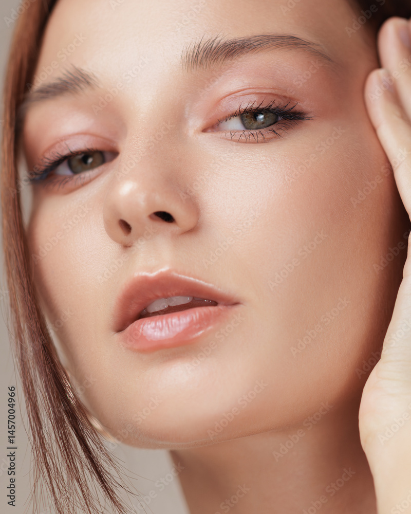 Studio close-up of a woman with peach-toned makeup and radiant skin gently touching her face. Ideal for beauty, wellness, and high-end skincare or cosmetic advertising visuals.