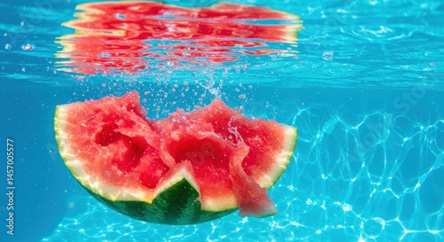 Watermelon slice splashing into a clear blue pool, creating bubbles and ripples in the water - mushy watermelon