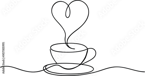 Continuous one line drawing of a coffee cup with heart-shaped steam, cozy and warm minimal design on a clean white background

