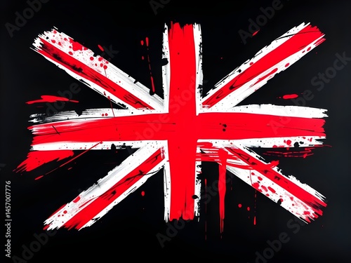 Grungy Union Jack with red paint splatters on a black background. Symbol of Great Britain, UK. Abstract design element.