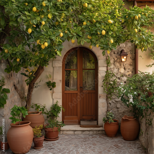 Charming Mediterranean House Old Doorway with A Lemon Tree and Traditional Terracotta Pots with Flowers in the Rustic courtyard