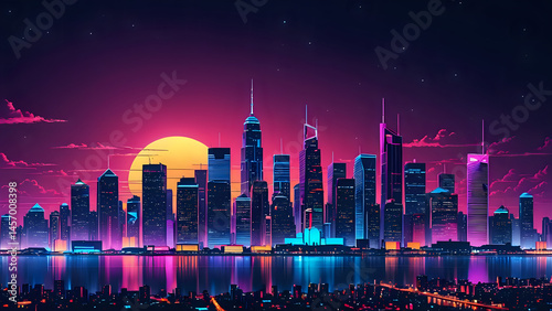 Neon Glowing City Skyline at Night, Synthwave Aesthetic, Retro 80s Style