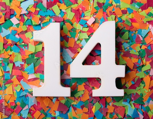 Number 14 with confetti. Photo for fourteenth birthday or anniversary party