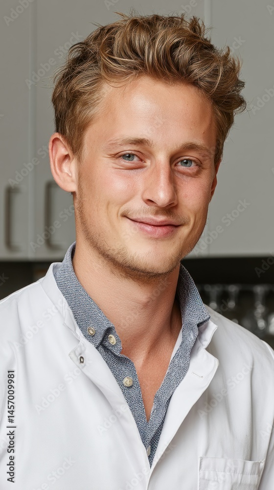Man in lab coat smiles, light hair, eyes Man in lab coat smiles, light hair, eyes