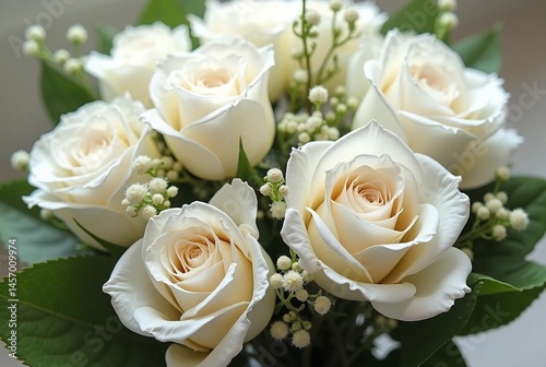 Elegant Bouquet of White Roses with Small Buds and Green Leaves, Arranged Tightly for a Dense and Graceful Floral Composition
