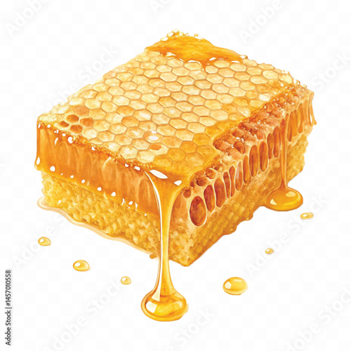 realistic glossy honeycomb dripping liquid honey isolated on transparent background