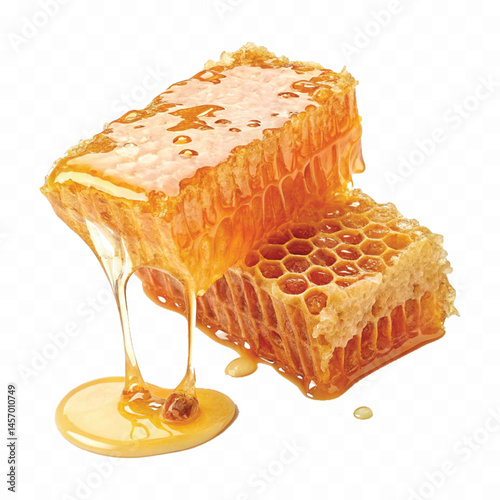 realistic glossy honeycomb dripping liquid honey isolated on transparent background