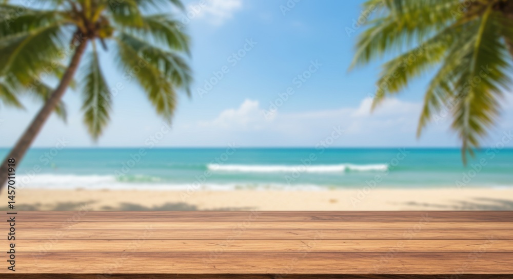 Wooden table with a blurred beach background featuring palm trees ocean sand and a clear blue sky view Wooden table with a blurred beach background featuring palm trees ocean sand and a clear blue sky view