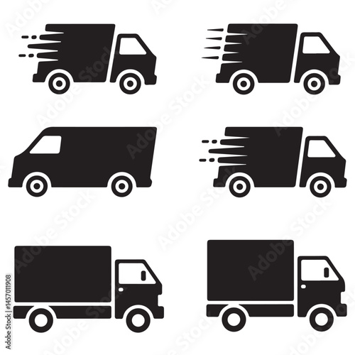 set of black first shipping delivery truck icon vector silhouettes