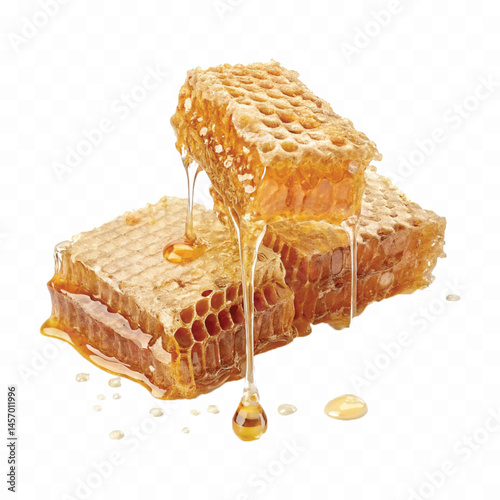 realistic glossy honeycomb dripping liquid honey isolated on transparent background