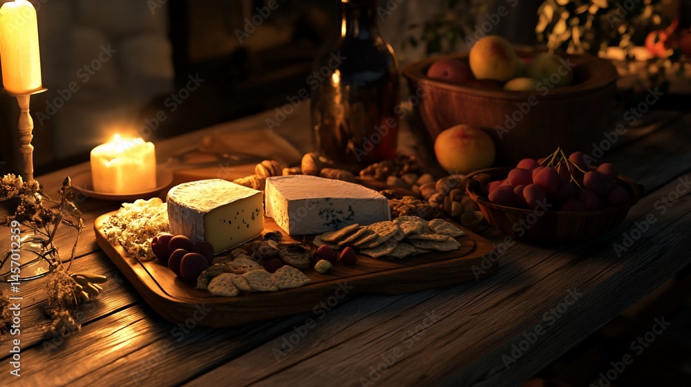 Rustic wooden table at night, lit by candlelight, featuring cheeses, fruits, nuts, crackers, and wine. Rustic wooden table at night, lit by candlelight, featuring cheeses, fruits, nuts, crackers, and wine.