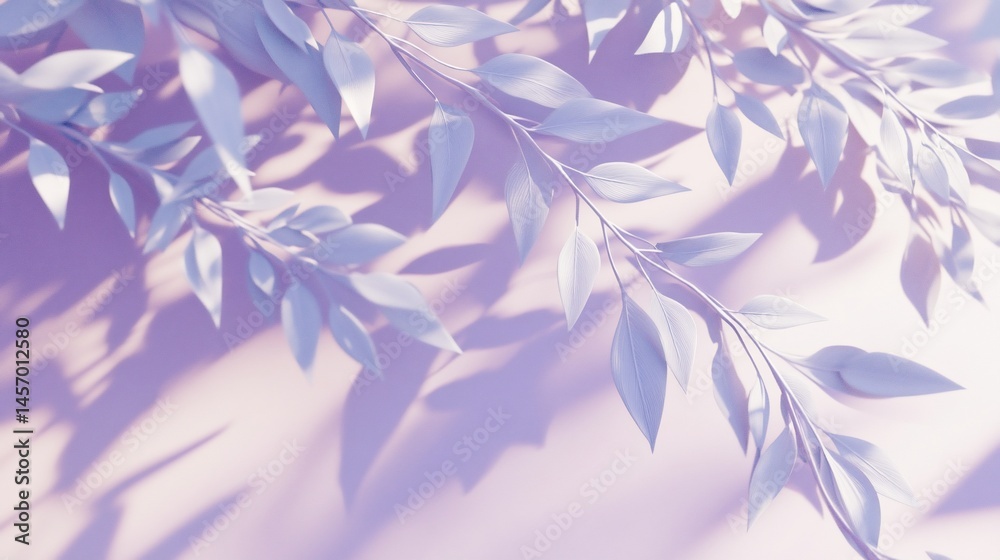 Pastel pink background with light blue leaves and shadows.