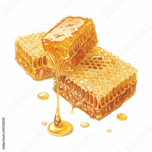 realistic glossy honeycomb dripping liquid honey isolated on transparent background
