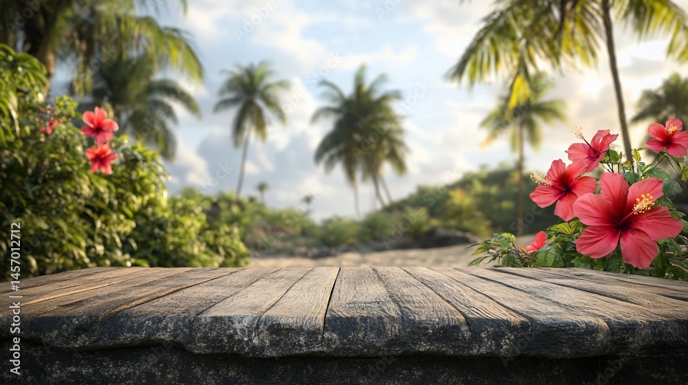 Wooden planks foreground with vibrant hibiscus flowers and blurred tropical beach background at sunset.