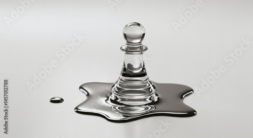 A transparent glass chess piece set in a puddle of liquid, representing transformation.