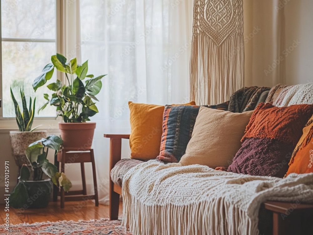 Cozy living room with plants, sofa, and warm-toned throw pillows.