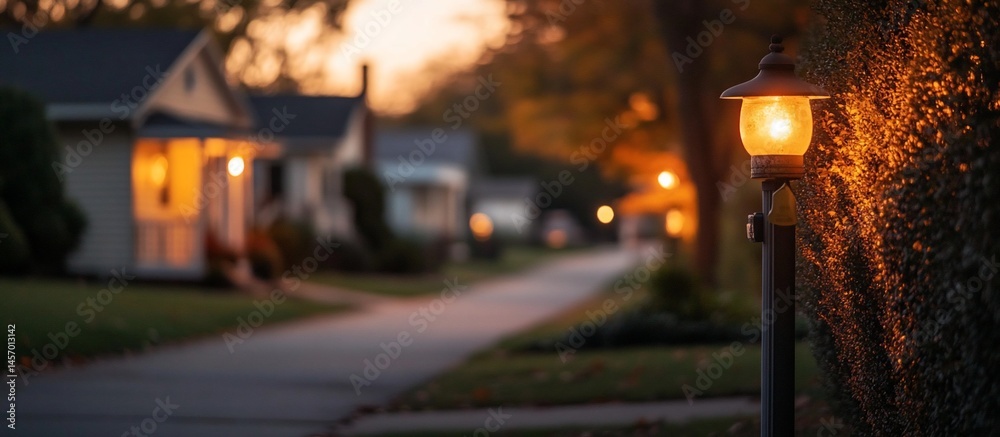 Illuminated residential street at dusk.