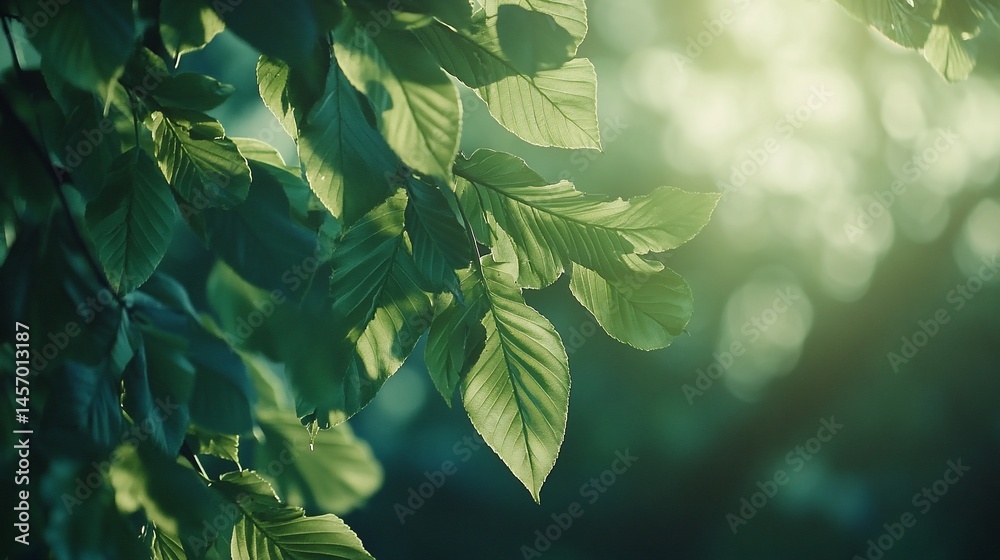 Lush green leaves backlit by sunlight, creating a vibrant natural scene.