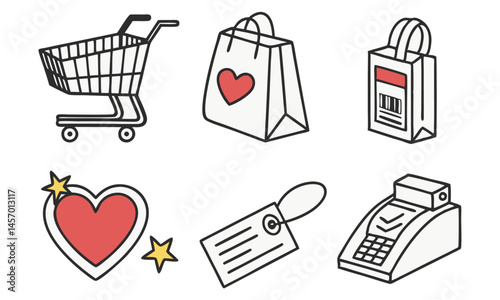 This icon set features various shopping symbols like a basket, cart, bag, gift box, price label, and delivery sign, representing retail, buy, and e-commerce business