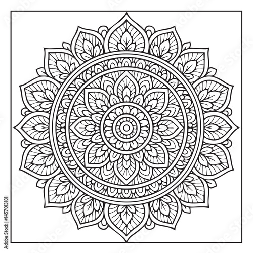Intricate Mandala Design: A mesmerizing mandala illustration with a detailed intricate design composed of symmetrical patterns, perfect for adult coloring books, meditation.
