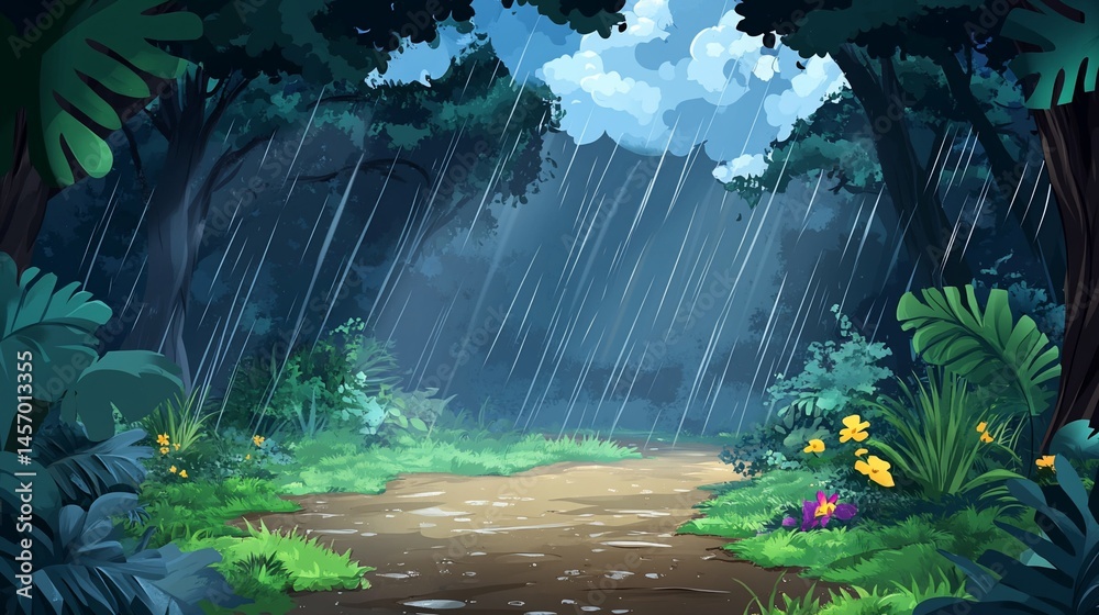 Lush rainforest path during heavy rainfall, vibrant green foliage, dark moody atmosphere.