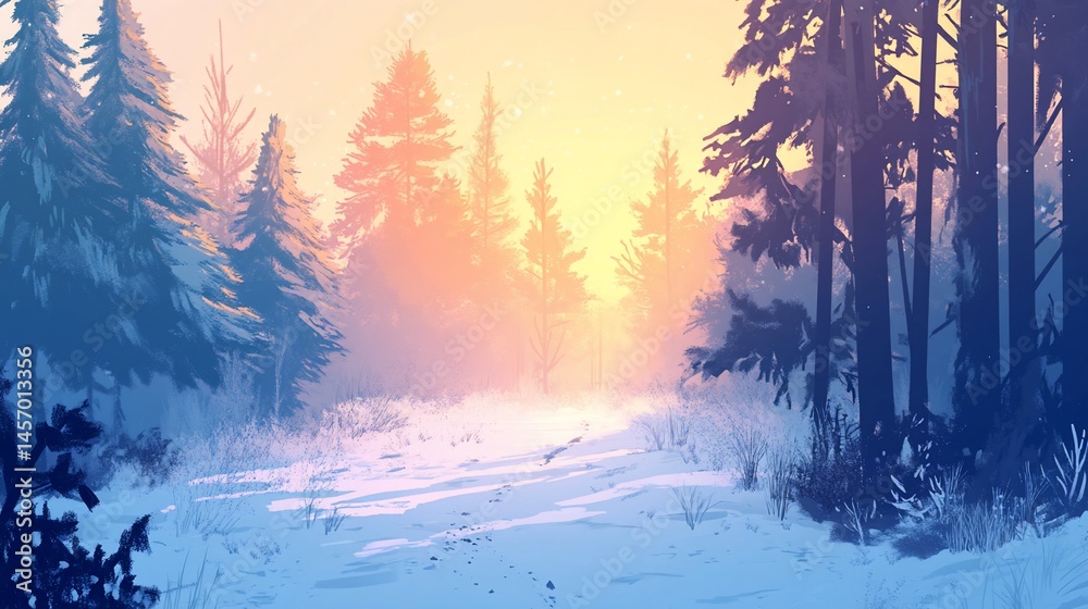Serene winter sunrise in a snow-covered pine forest, path leading into the golden light.