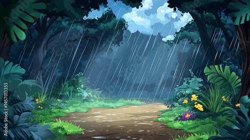 Obraz na płótnie Lush rainforest path during heavy rainfall, vibrant green foliage, dark moody atmosphere. w salonie