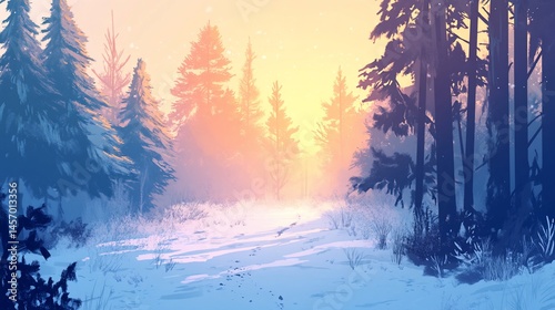 Obraz na płótnie Serene winter sunrise in a snow-covered pine forest, path leading into the golden light. w salonie