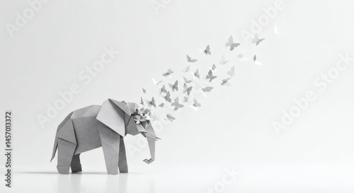 An elegant gray origami elephant with butterflies flowing from its head on a white backdrop.