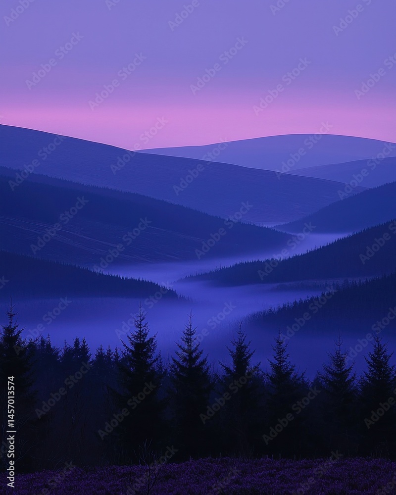 Obraz premium Misty mountains, purple sunrise, evergreen trees in valley