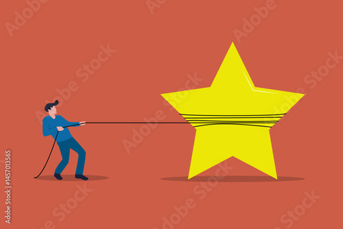 Businessman pulling a star. concept of Achievement, business idea, putting thoughts, rating and innovation