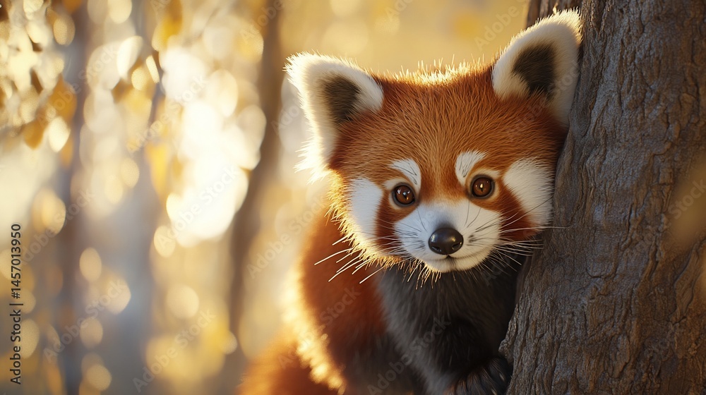 Adorable red panda peering from behind a tree trunk in a sunlit autumn forest.
