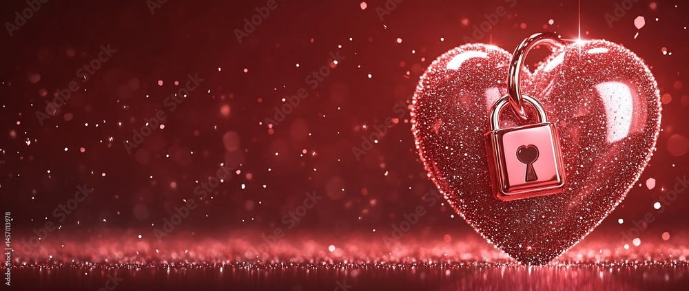 Locked red heart with sparkle background.