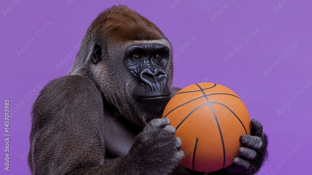 A western lowland gorilla holds an orange basketball against a purple background.