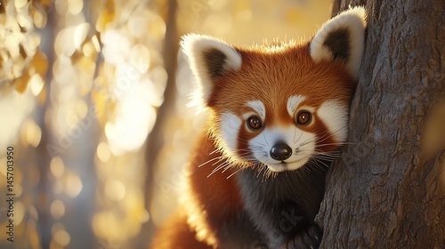 Obraz na płótnie Adorable red panda peering from behind a tree trunk in a sunlit autumn forest. w salonie