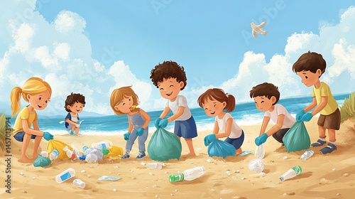 Happy children cleaning up a beach littered with plastic waste.