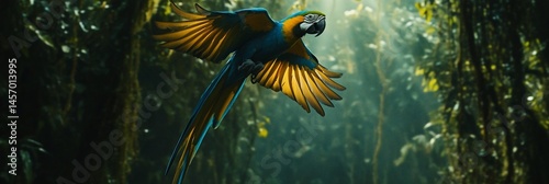 Blue-and-yellow macaw in flight through lush rainforest.